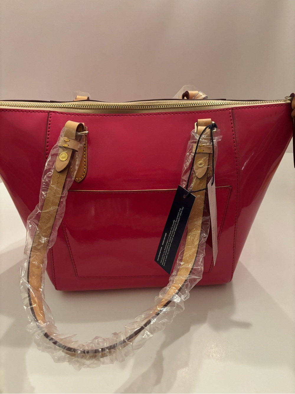 NWT Dooney & Bourke Fuchsia Patent Leather Maxine Tote Bag Pristine Wrapped - Picture 3 of 14